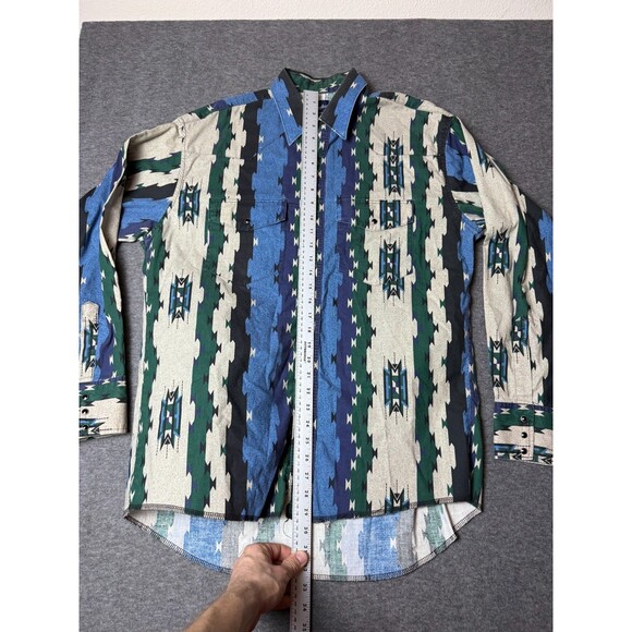 Vtg Wrangler Denim Shirt Western Pearl Snap Rodeo Aztec Distressed Mens Large - Picture 5 of 8